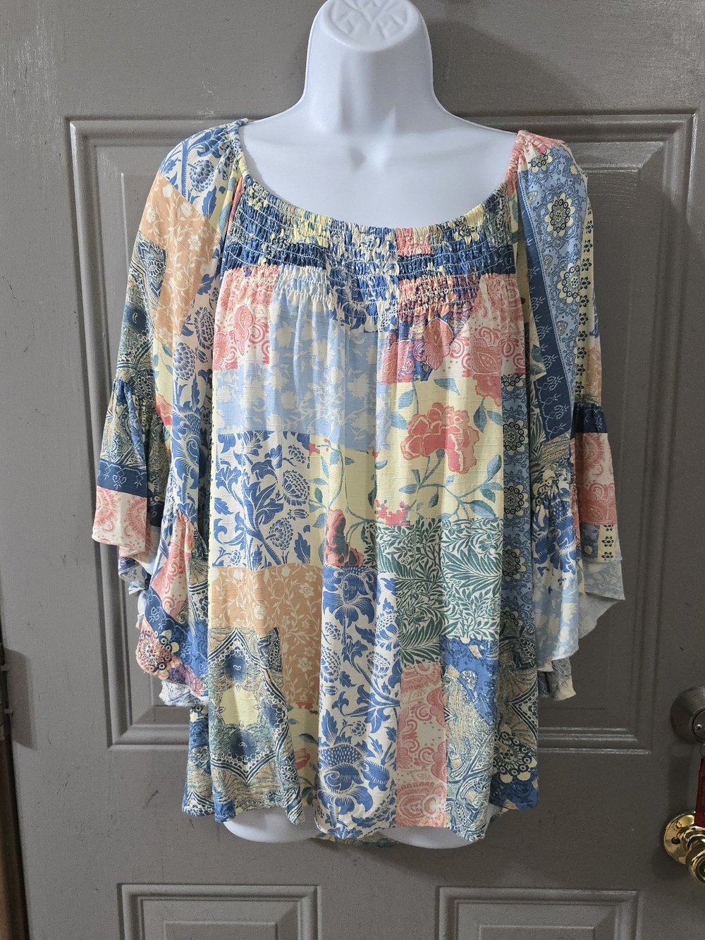 Patchwork Floral Off-Shoulder Tunic Top - Multicolor